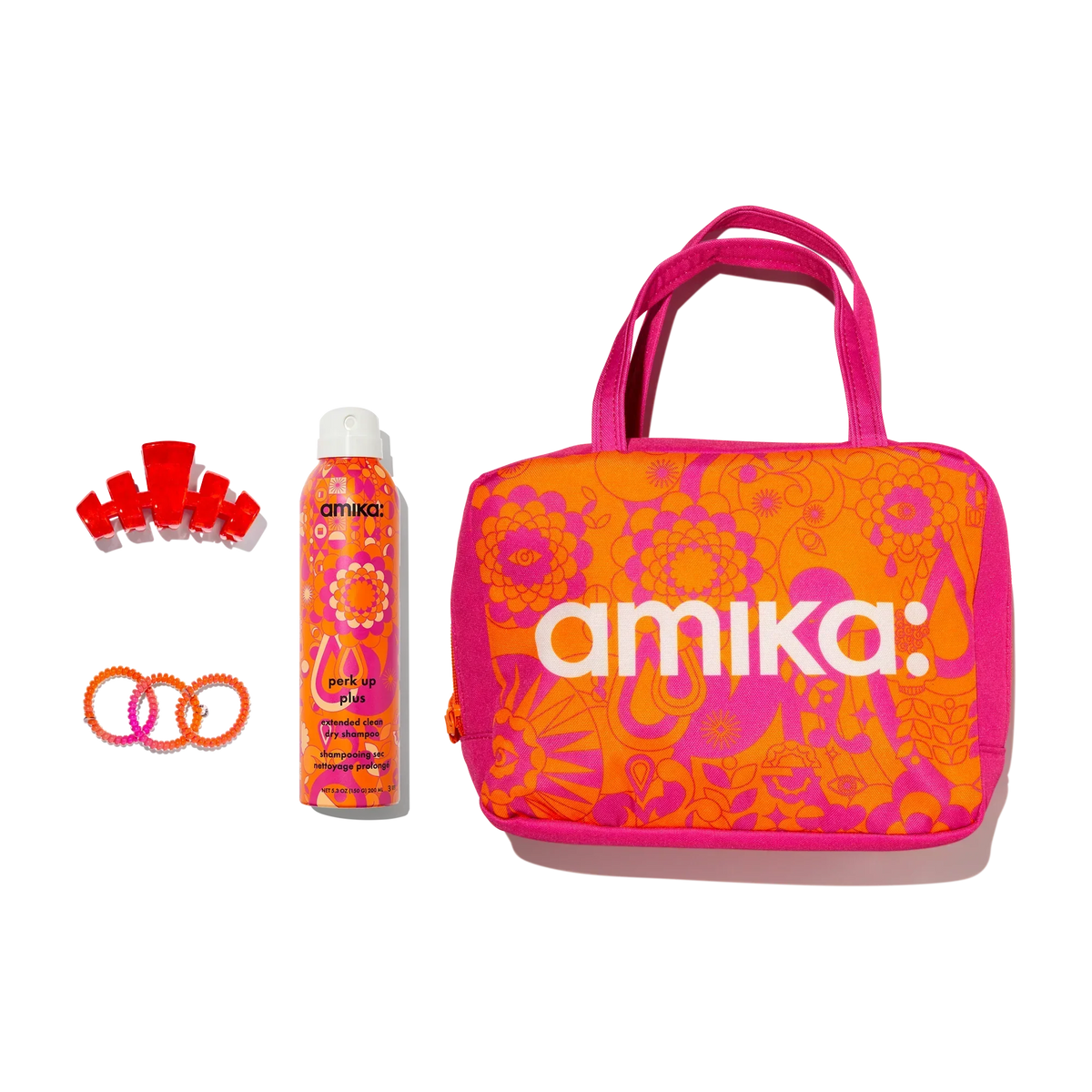 amika x TELETIES necessities set 3 pc hair ties, clip, essentials bag + perk up plus Main image